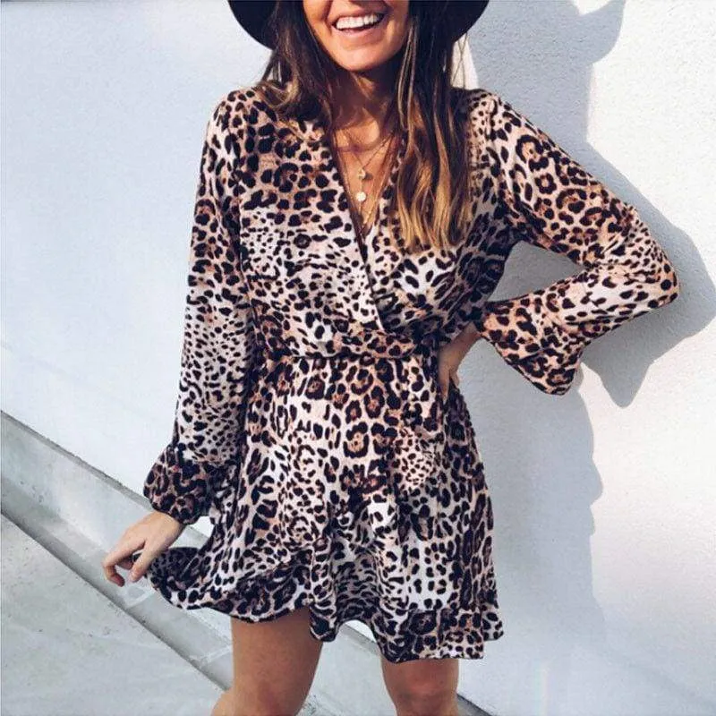 FashionSierra - Women's Boho Mini Dress Long Sleeve V Neck Fashion Snake Leopard Printed Ruffled Frill Party Beach Sundress