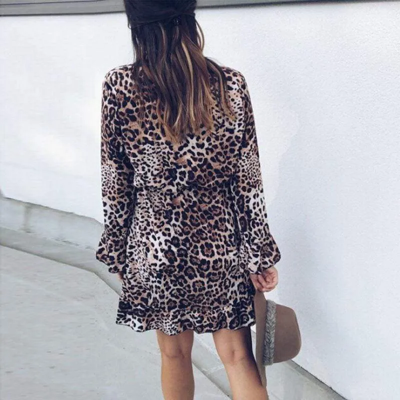 FashionSierra - Women's Boho Mini Dress Long Sleeve V Neck Fashion Snake Leopard Printed Ruffled Frill Party Beach Sundress
