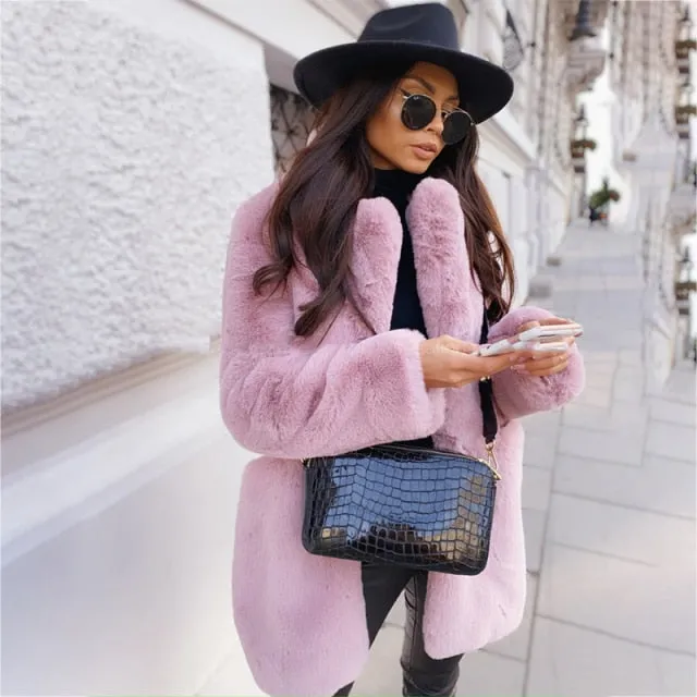 Faux Fur Loose Casual Solid Lapel Over Coat
