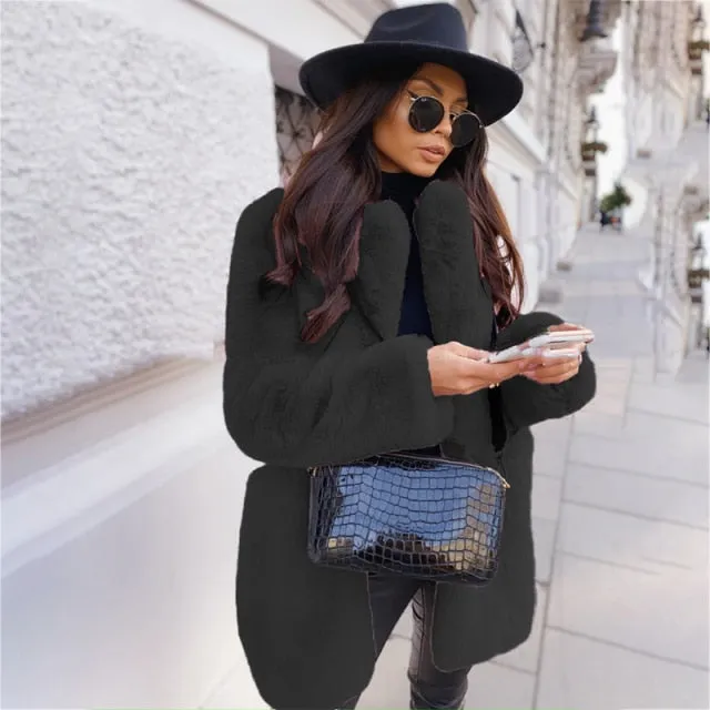 Faux Fur Loose Casual Solid Lapel Over Coat