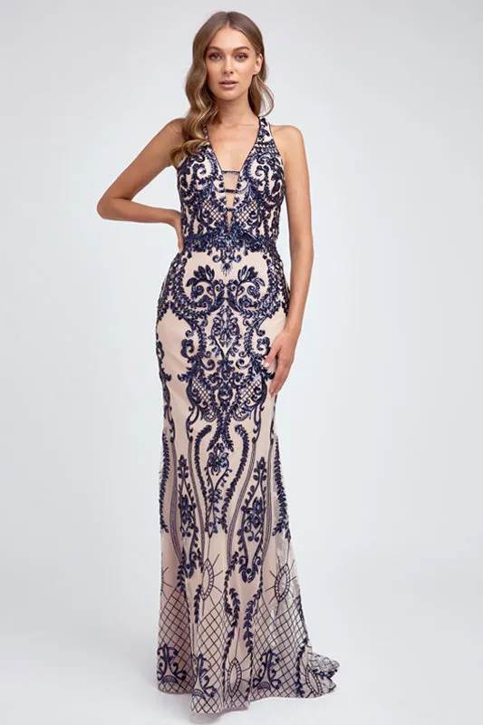 Fitted Sequined deep v neck mermaid Prom Evening Gown