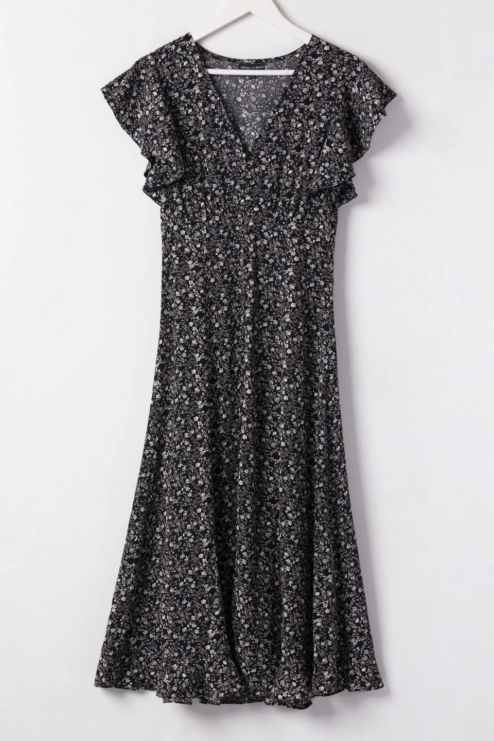 Flawless Black Floral Fluted Sleeve Button Front Midi Dress