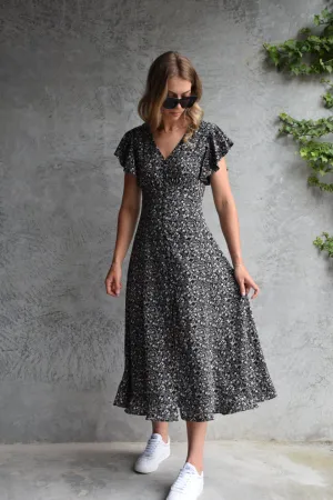 Flawless Black Floral Fluted Sleeve Button Front Midi Dress