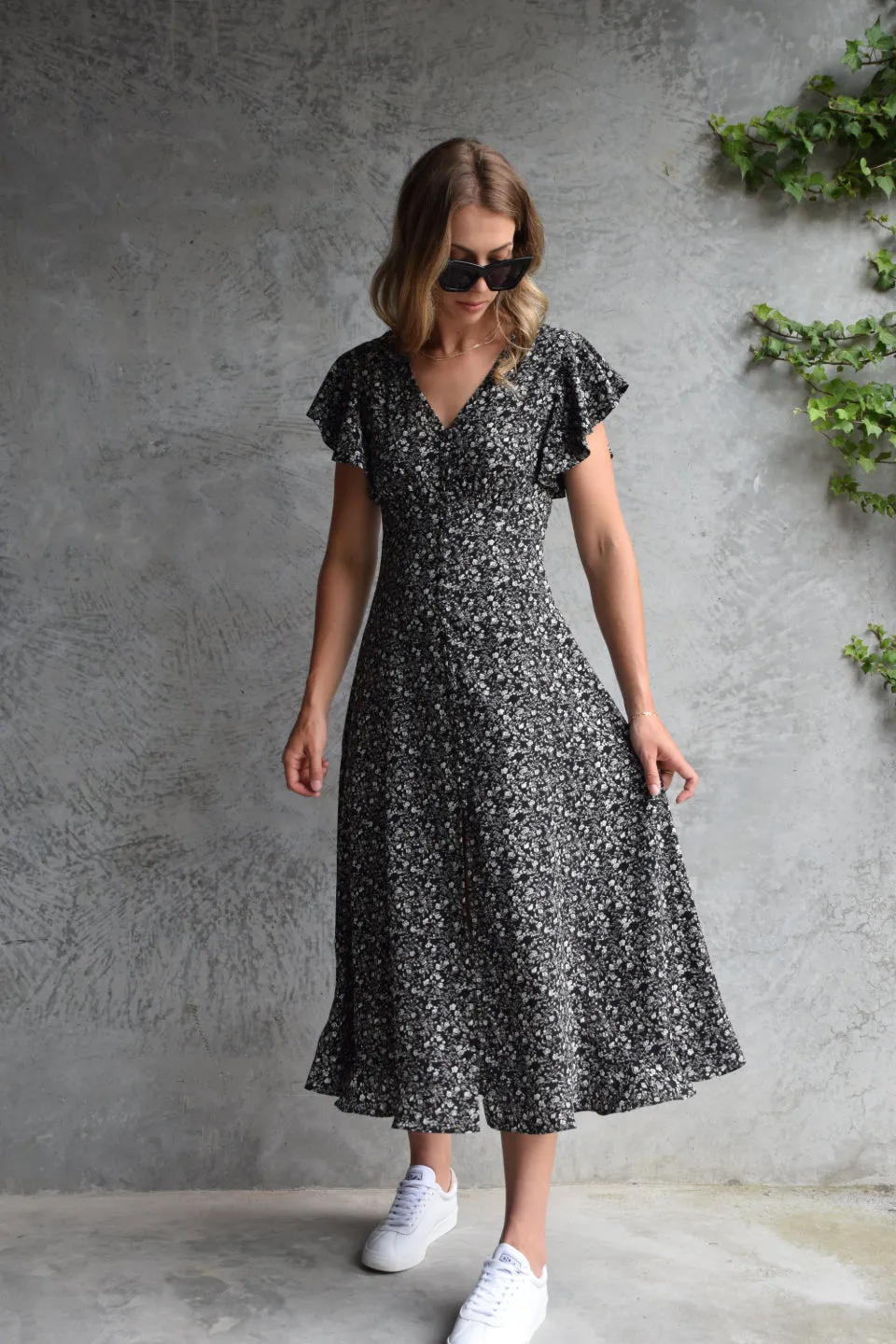 Flawless Black Floral Fluted Sleeve Button Front Midi Dress