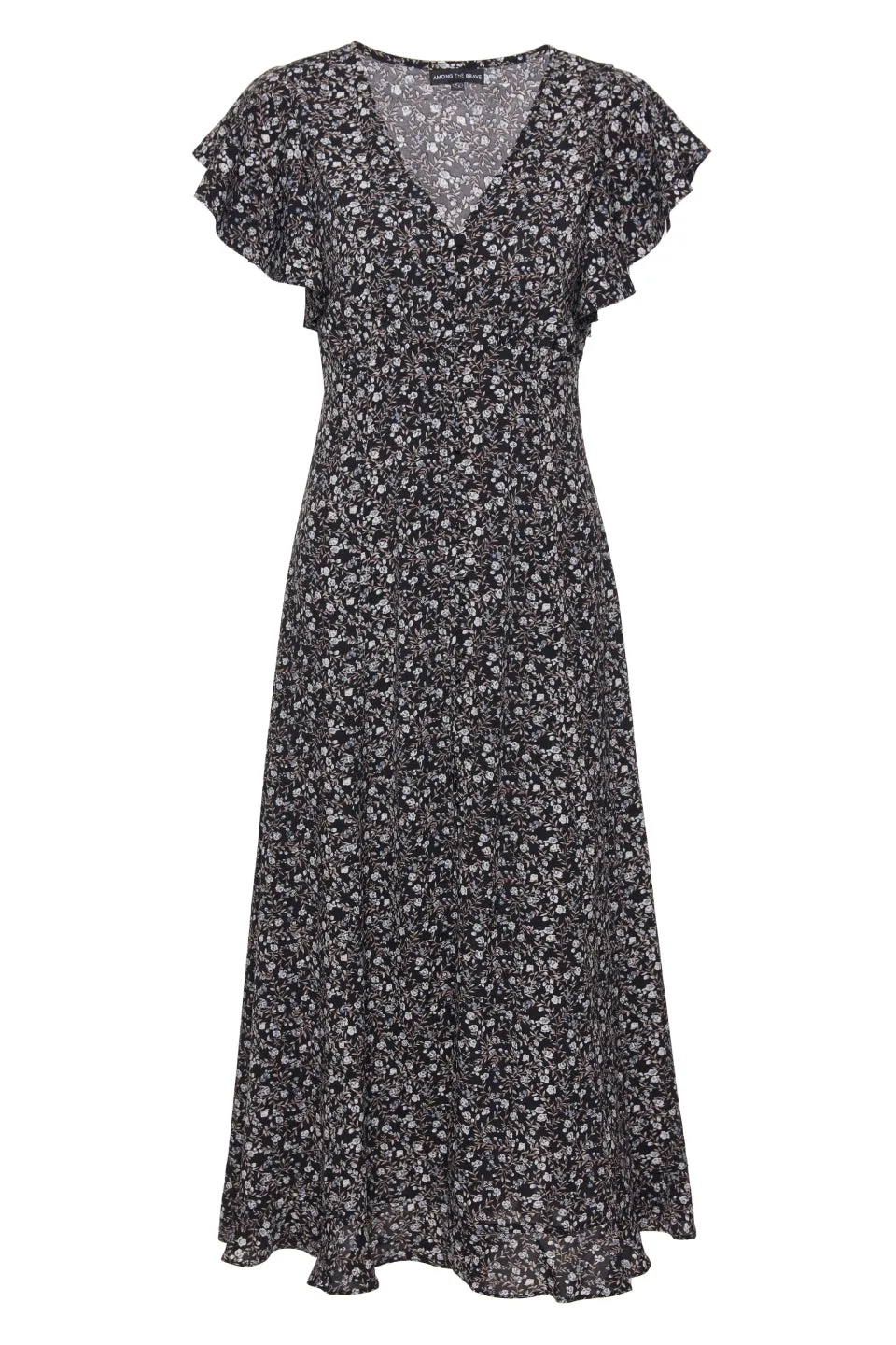 Flawless Black Floral Fluted Sleeve Button Front Midi Dress
