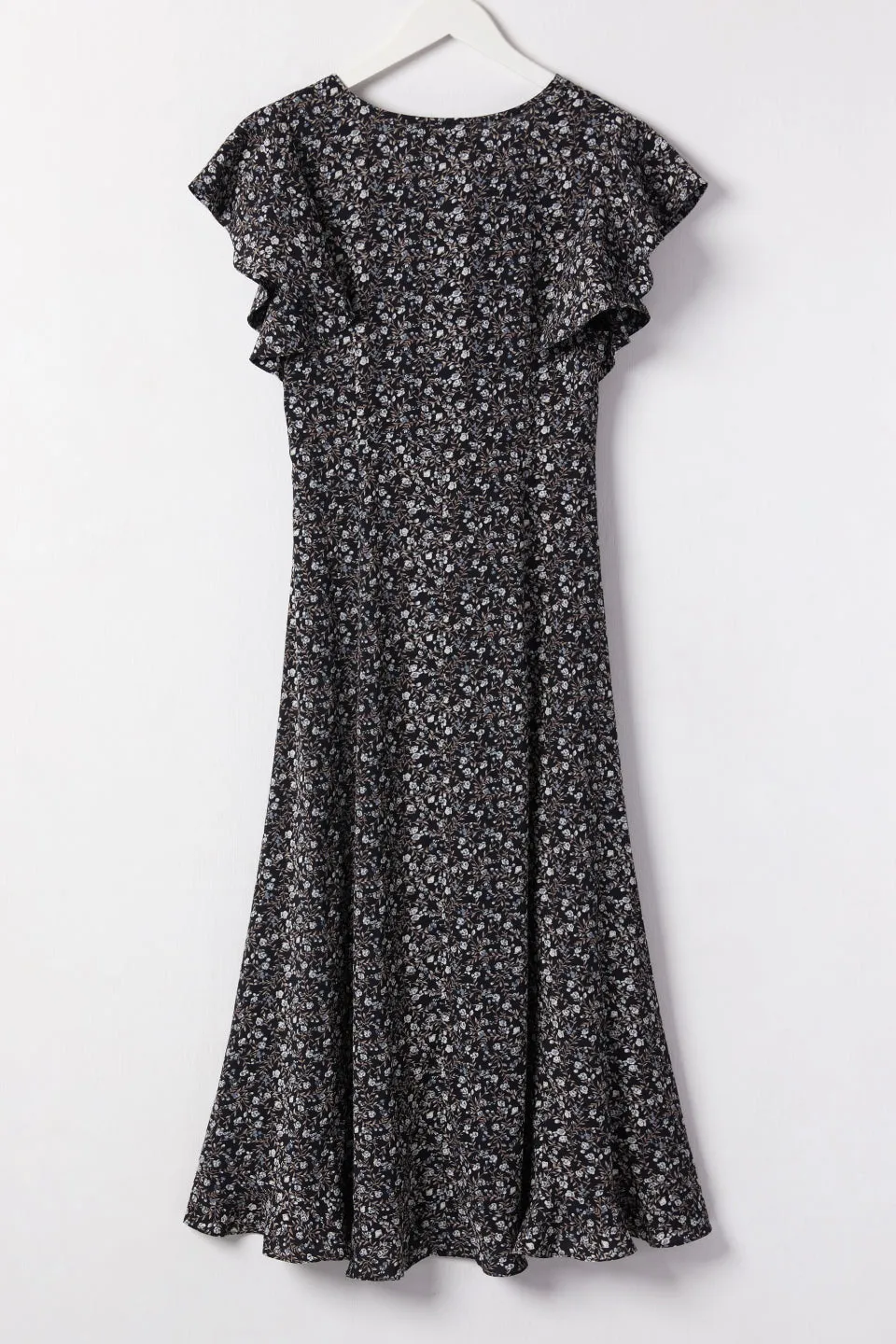 Flawless Black Floral Fluted Sleeve Button Front Midi Dress
