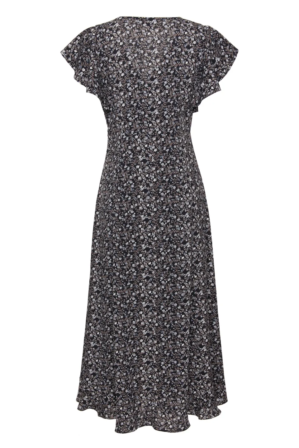 Flawless Black Floral Fluted Sleeve Button Front Midi Dress