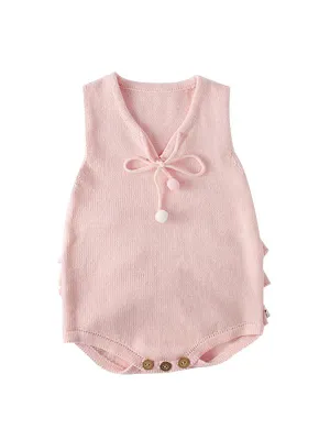 Flounced Knitted Cotton Romper Sleeveless Solid Color Baby Girls Bodysuit