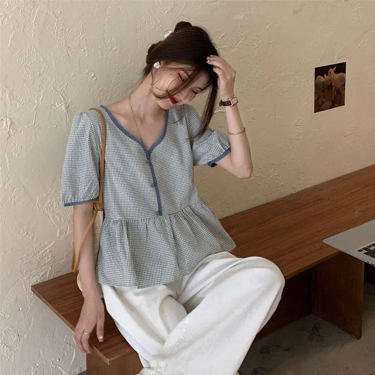 Flytonn-cute winter outfits casual winter outfits christmas outfit party look inspos Short Sleeve Cute Plaid V-Neck Blouse Shirt