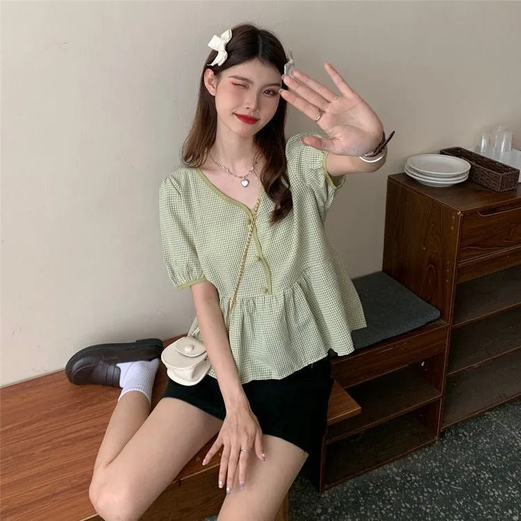 Flytonn-cute winter outfits casual winter outfits christmas outfit party look inspos Short Sleeve Cute Plaid V-Neck Blouse Shirt