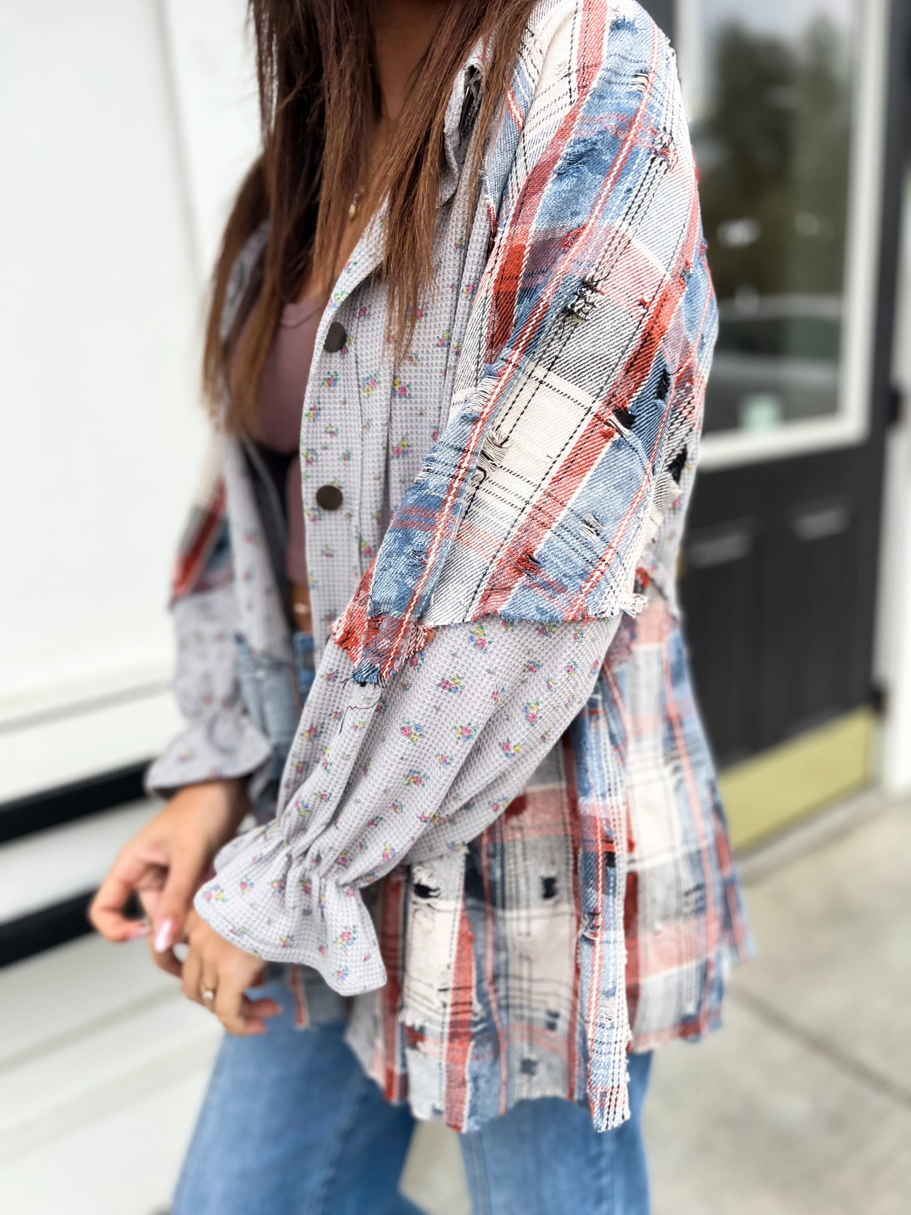 For Love Of Floral And Plaid Button Down- Grey Multi