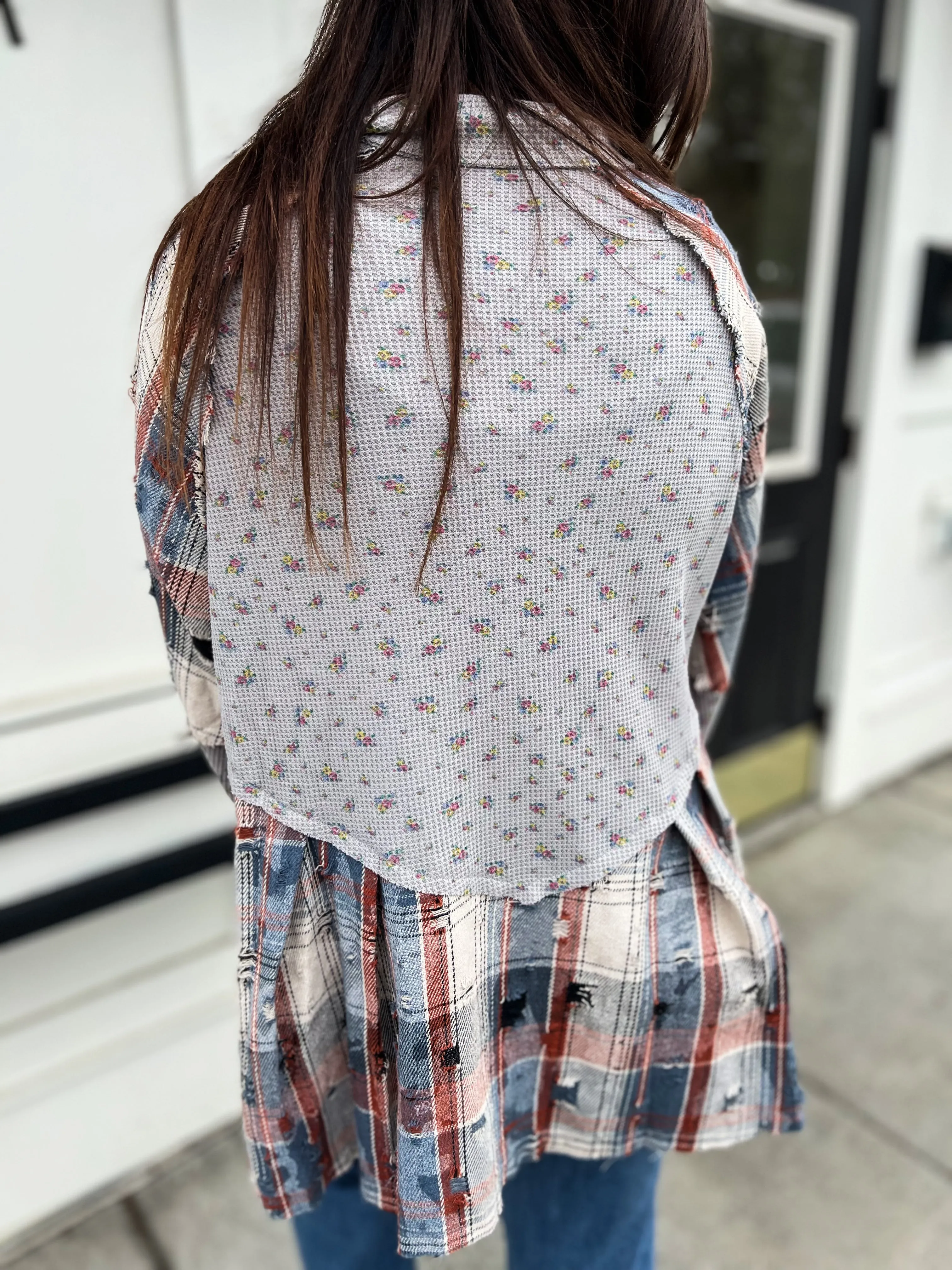 For Love Of Floral And Plaid Button Down- Grey Multi