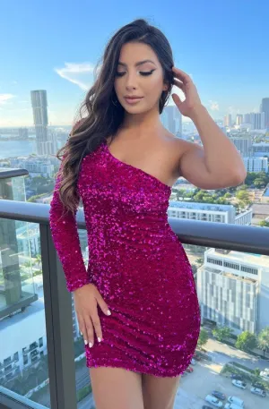 Fuchsia Rita One Sleeve Mini Dress