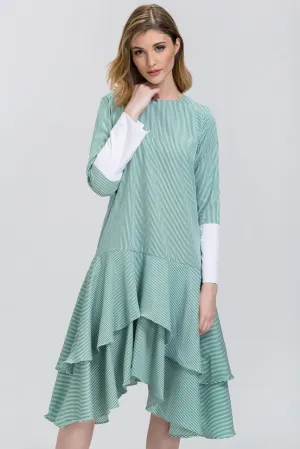 Green Candy Stripe Cuffed Sleeve Ruffle Skirt Midi Dress