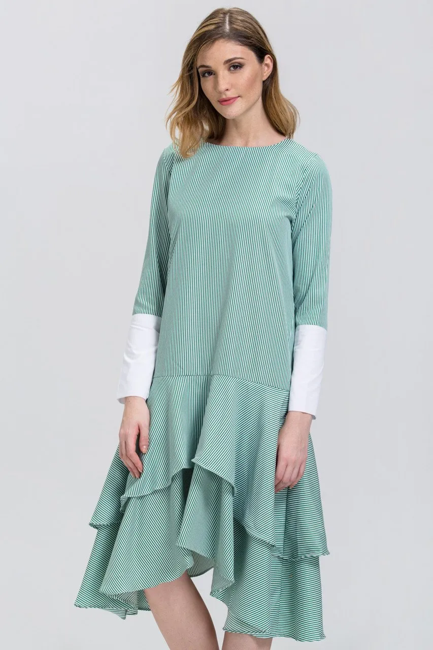 Green Candy Stripe Cuffed Sleeve Ruffle Skirt Midi Dress