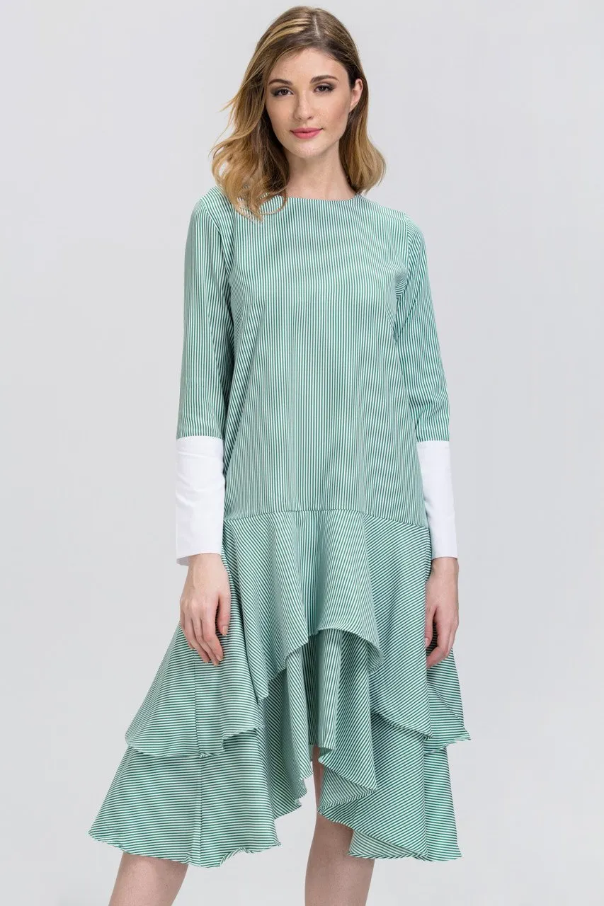 Green Candy Stripe Cuffed Sleeve Ruffle Skirt Midi Dress