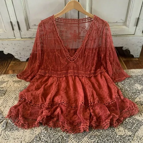 Hailey Red Crochet Lace Blouse Bohemian Blouse