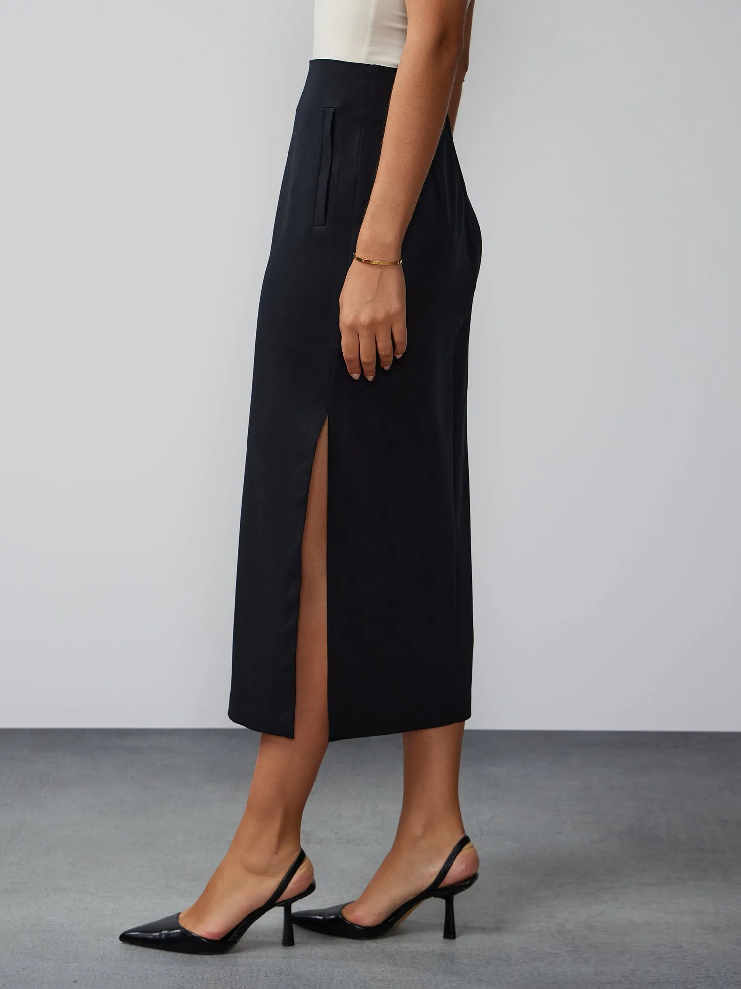 High Rise Side Slit Midi Skirt
