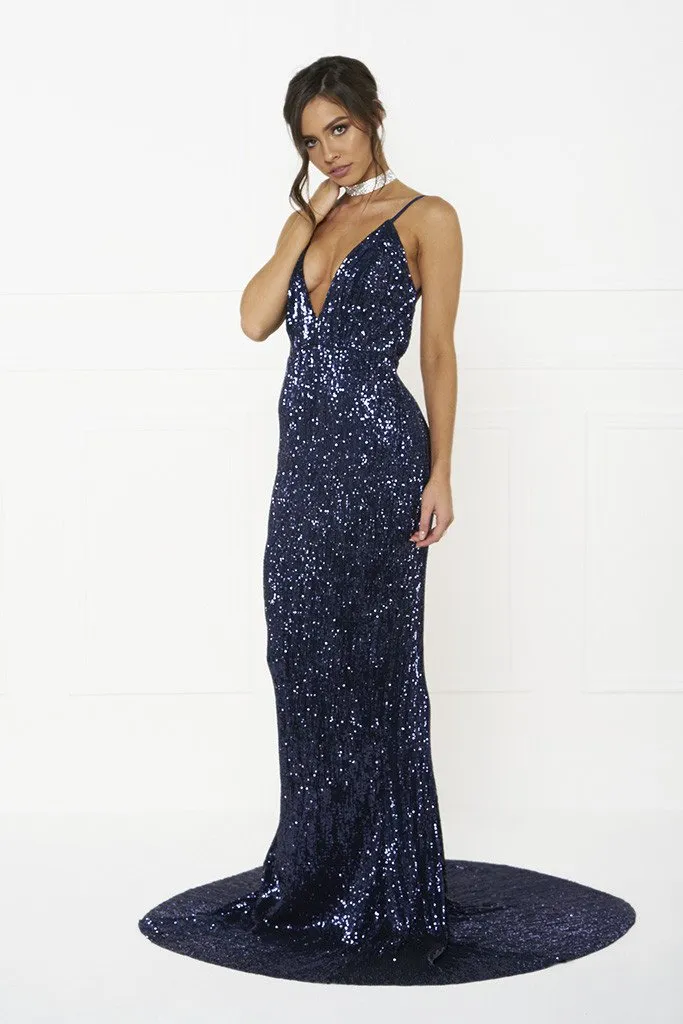 Honey Couture ROSALIE Blue Low Back Sequin Formal Gown Dress