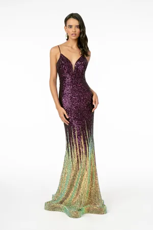 Illusion V-Neck Full Sequin Spaghetti Strap Long Dress GLGL2899