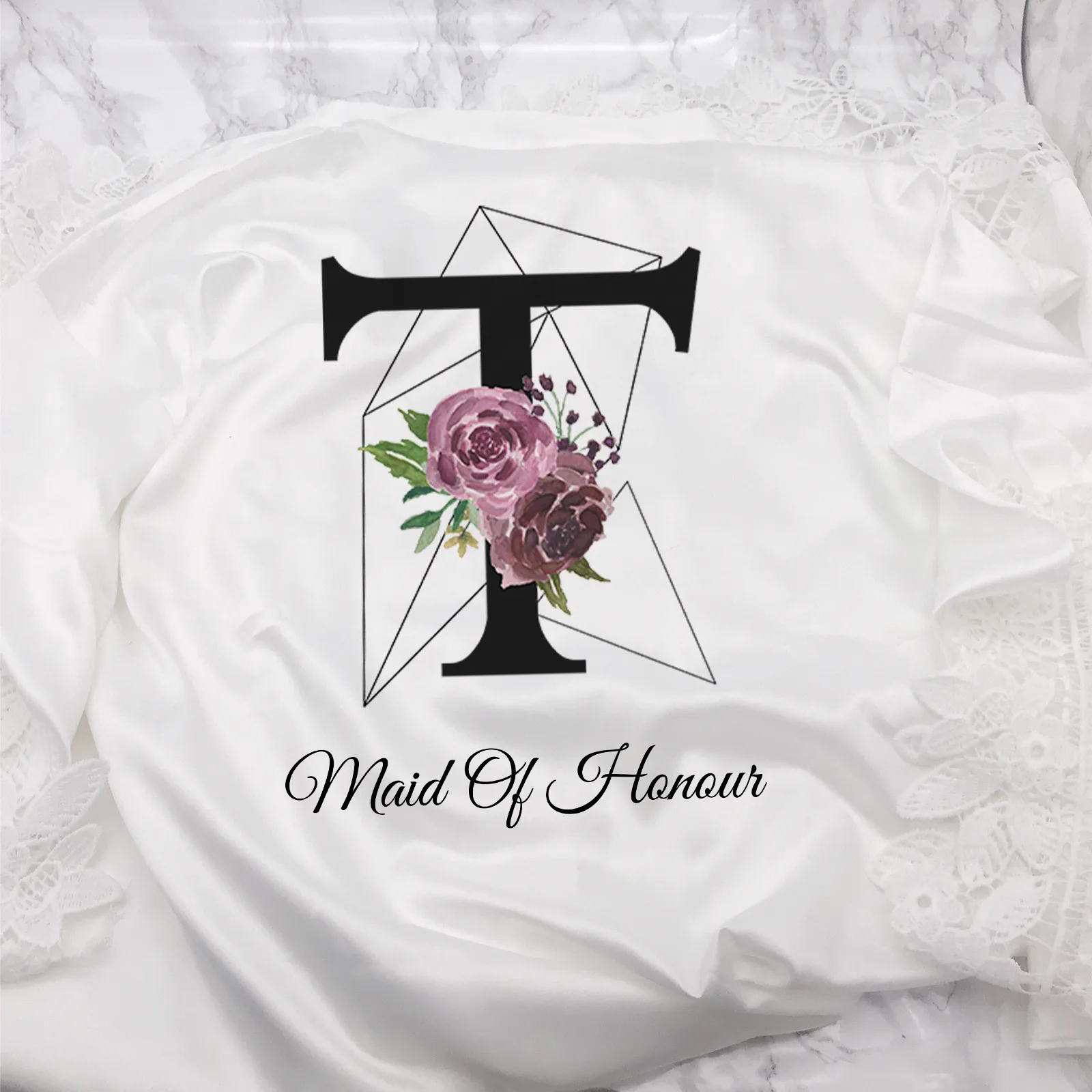 Initial Floral Personalised Bride Lace Wedding Dressing Robe