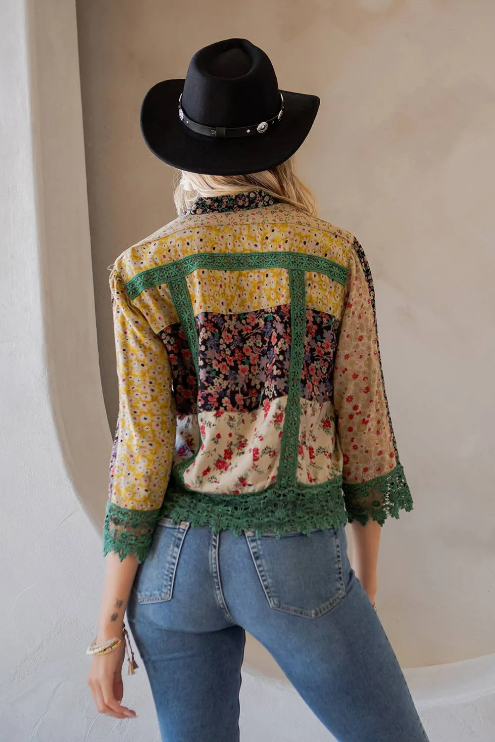 Lace Detailed Button Down Cropped Boho Cowgirl Shirt