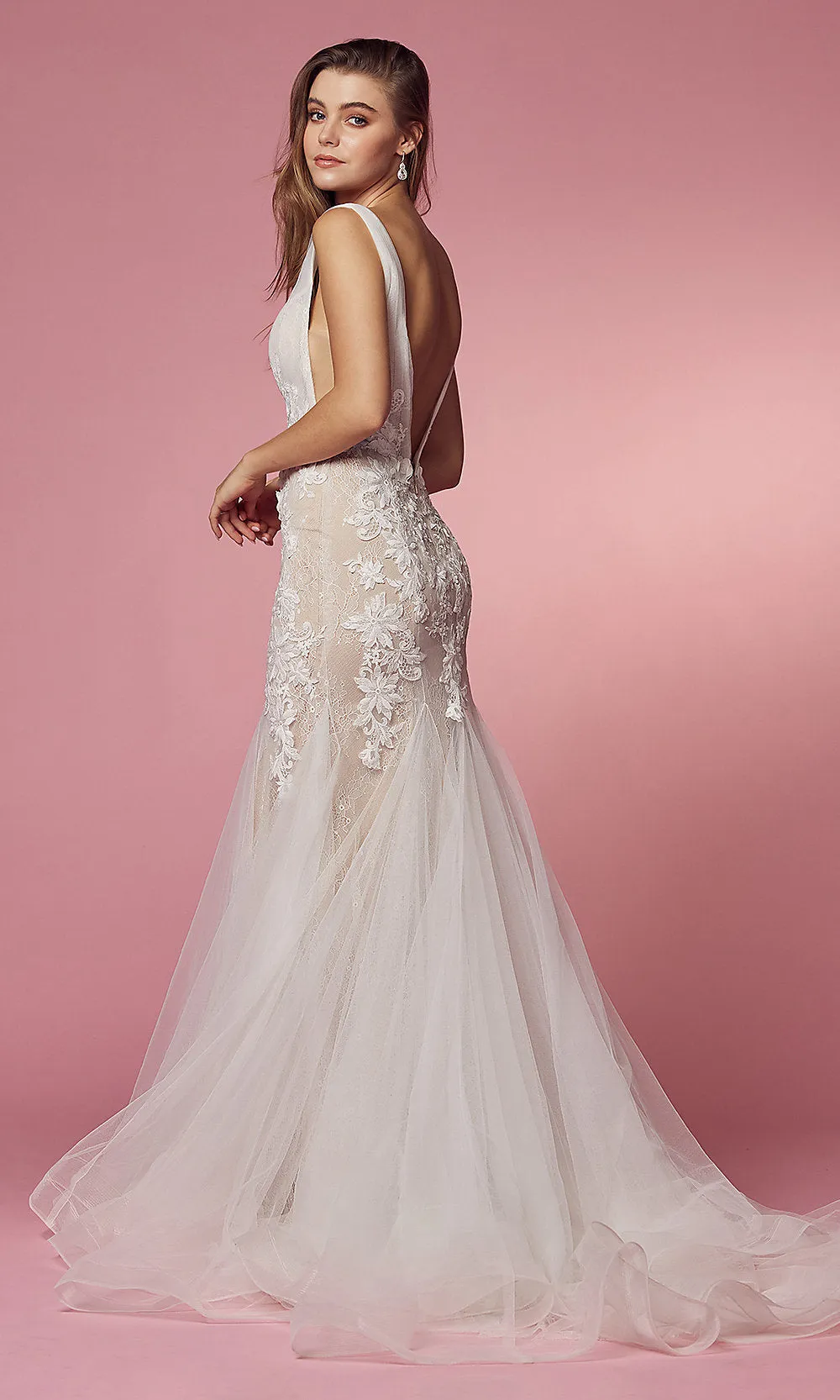 Lace V-Neck Mermaid Long White Wedding Dress