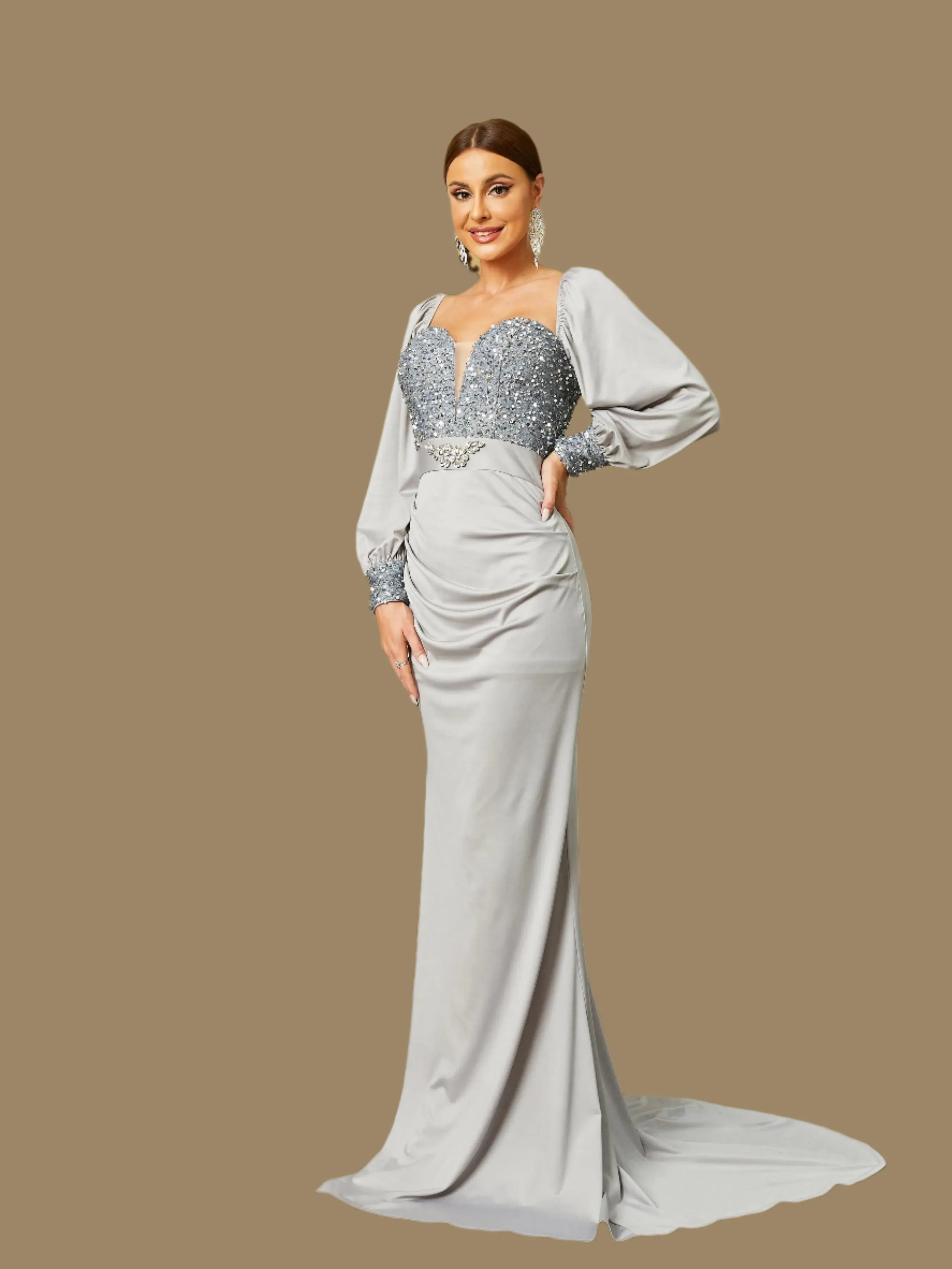 Long Sleeve Corset Mermaid Evening Gown Sequin Split Prom Maxi Dress