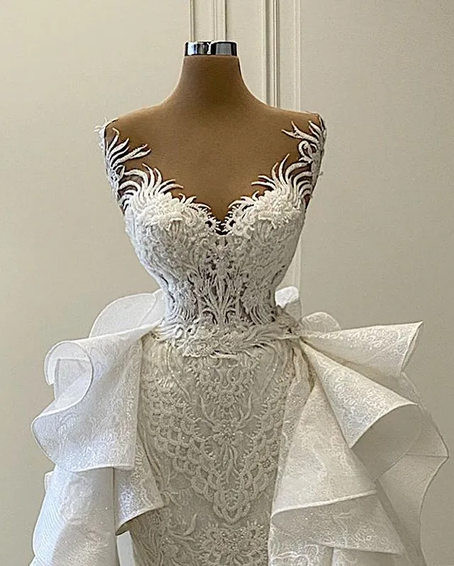 Luxury 3D Lace Mermaid Wedding Dress Romantic Beads Tulle Neck Wedding Bridal Gowns