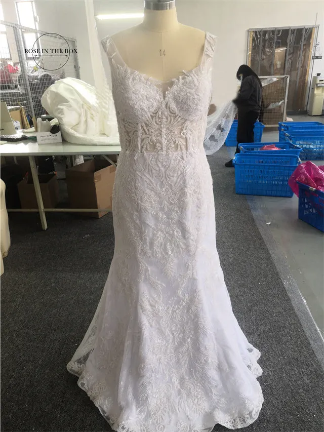 Luxury 3D Lace Mermaid Wedding Dress Romantic Beads Tulle Neck Wedding Bridal Gowns