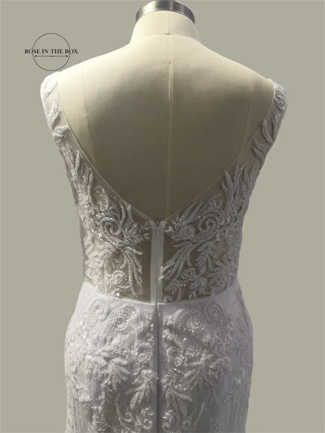 Luxury 3D Lace Mermaid Wedding Dress Romantic Beads Tulle Neck Wedding Bridal Gowns