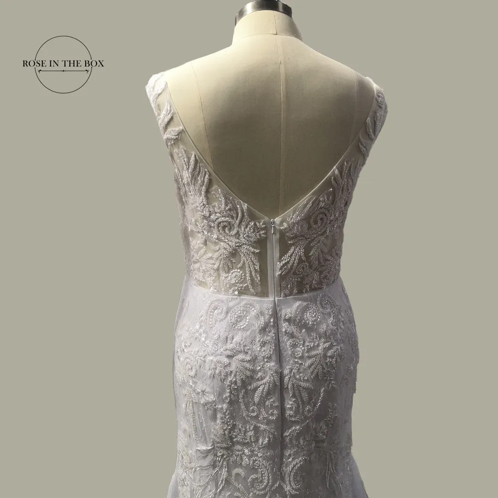Luxury 3D Lace Mermaid Wedding Dress Romantic Beads Tulle Neck Wedding Bridal Gowns