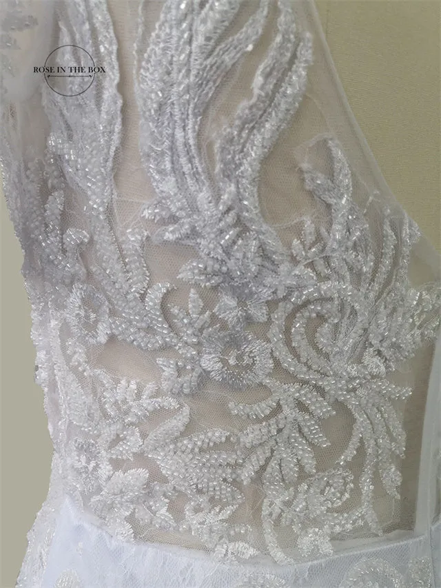 Luxury 3D Lace Mermaid Wedding Dress Romantic Beads Tulle Neck Wedding Bridal Gowns