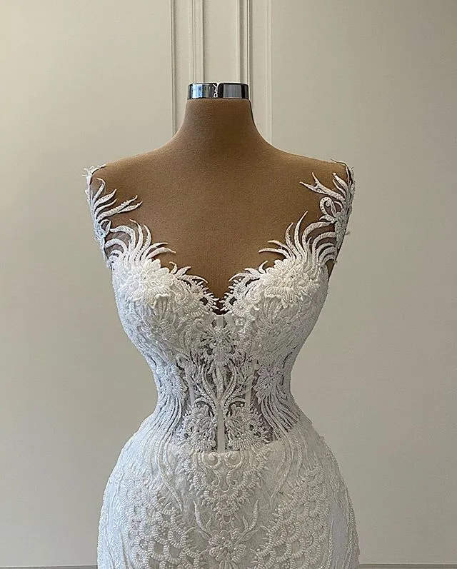 Luxury 3D Lace Mermaid Wedding Dress Romantic Beads Tulle Neck Wedding Bridal Gowns