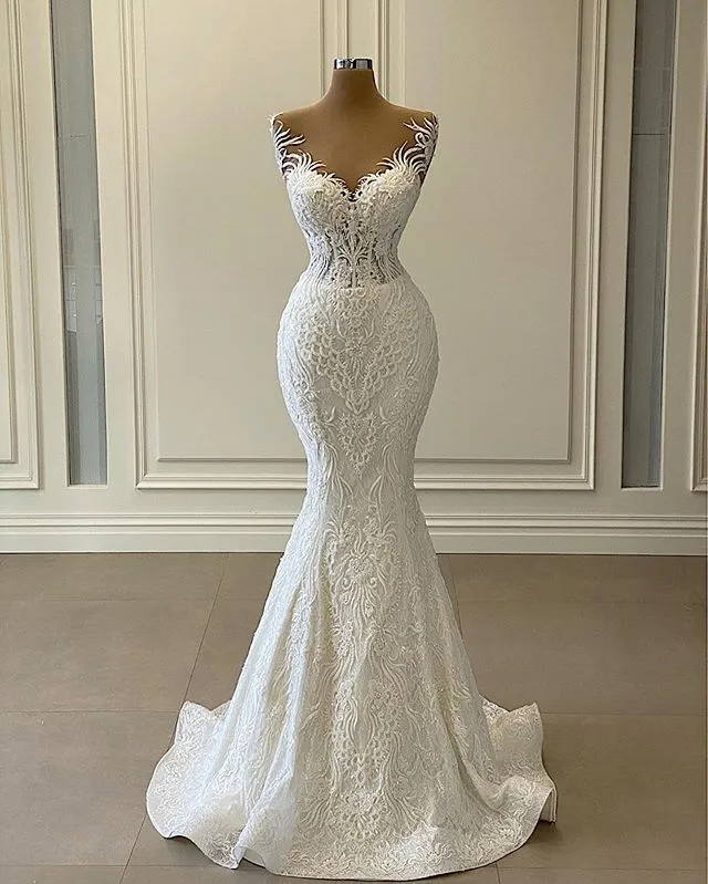 Luxury 3D Lace Mermaid Wedding Dress Romantic Beads Tulle Neck Wedding Bridal Gowns
