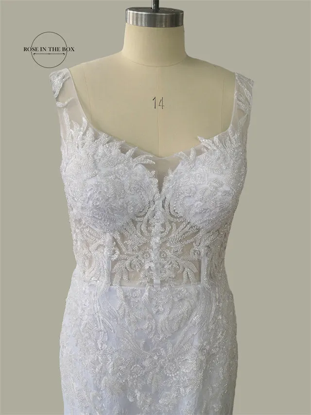 Luxury 3D Lace Mermaid Wedding Dress Romantic Beads Tulle Neck Wedding Bridal Gowns