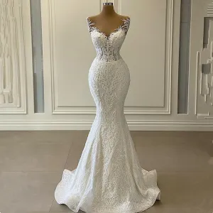 Luxury 3D Lace Mermaid Wedding Dress Romantic Beads Tulle Neck Wedding Bridal Gowns