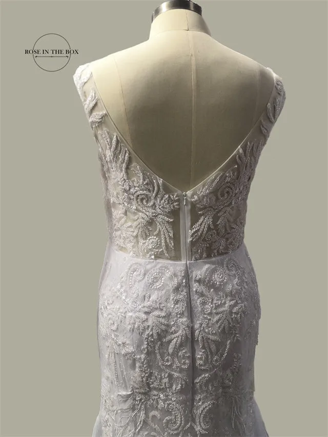Luxury 3D Lace Mermaid Wedding Dress Romantic Beads Tulle Neck Wedding Bridal Gowns