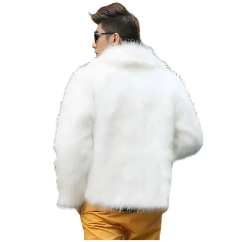 Men's Faux Leather Jacket - Casual Slim Fit Fashion Coat with Fox Fur Lapel in White and Black | Jaqueta Motoqueiro