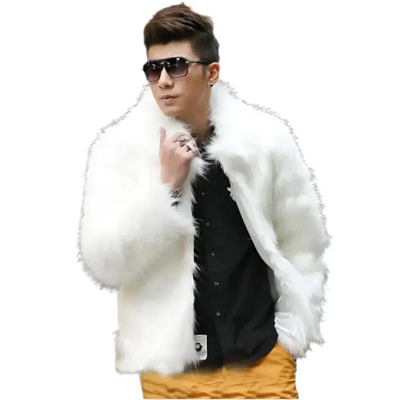 Men's Faux Leather Jacket - Casual Slim Fit Fashion Coat with Fox Fur Lapel in White and Black | Jaqueta Motoqueiro