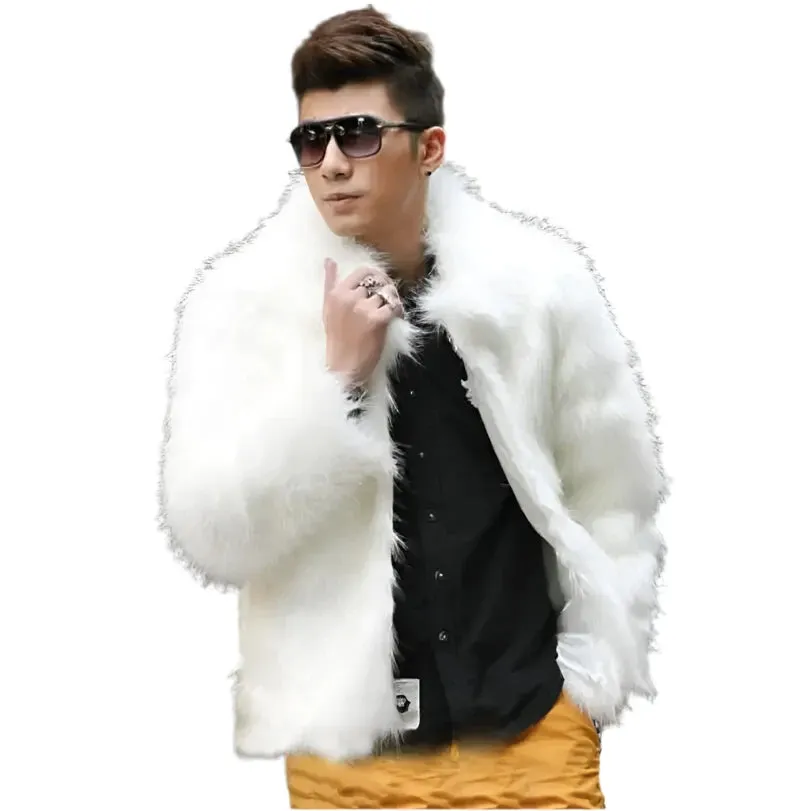 Men's Faux Leather Jacket - Casual Slim Fit Fashion Coat with Fox Fur Lapel in White and Black | Jaqueta Motoqueiro