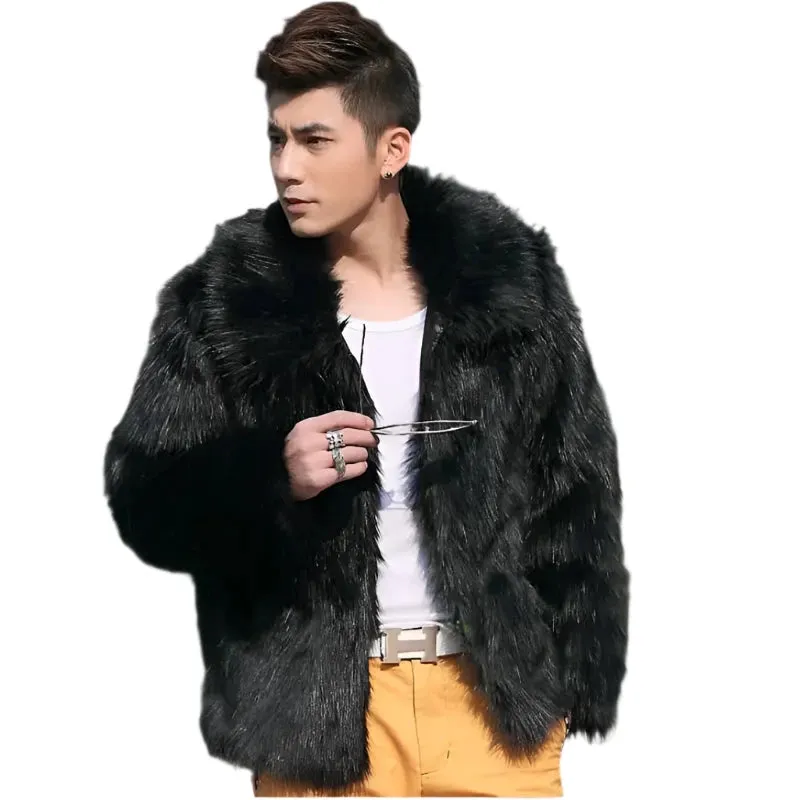 Men's Faux Leather Jacket - Casual Slim Fit Fashion Coat with Fox Fur Lapel in White and Black | Jaqueta Motoqueiro