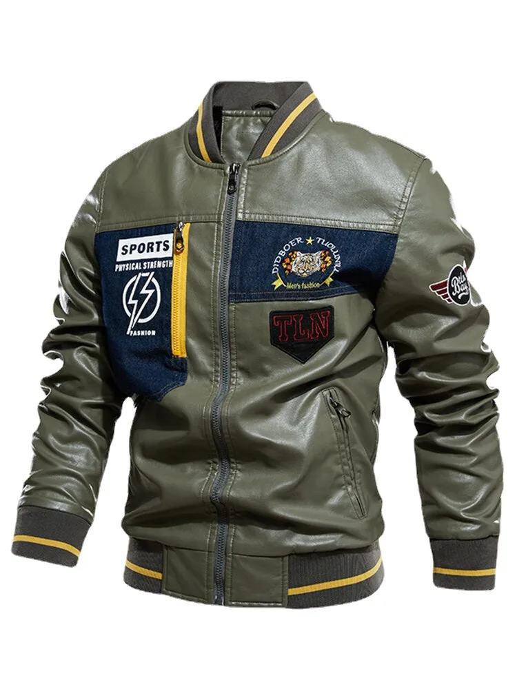 Mens Graphics Embroidery Baseball Collar PU Leather Jacket