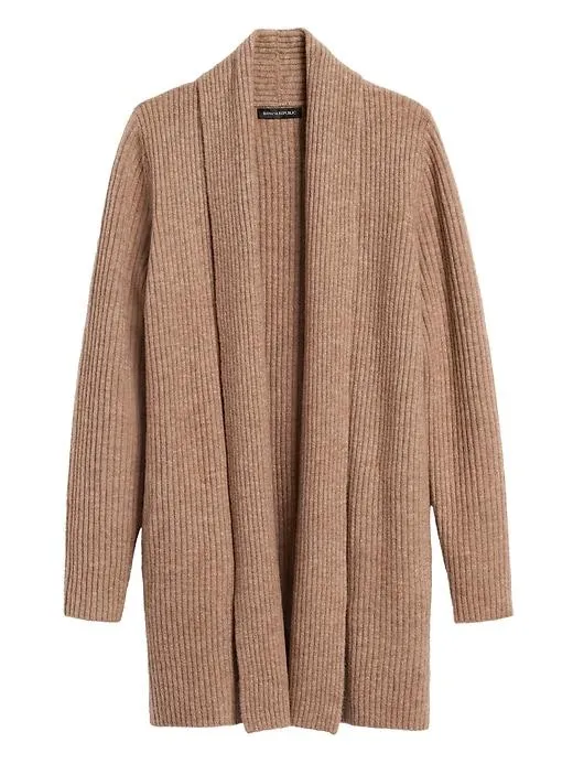 Merino-Blend Long Cardigan Sweater in Camel