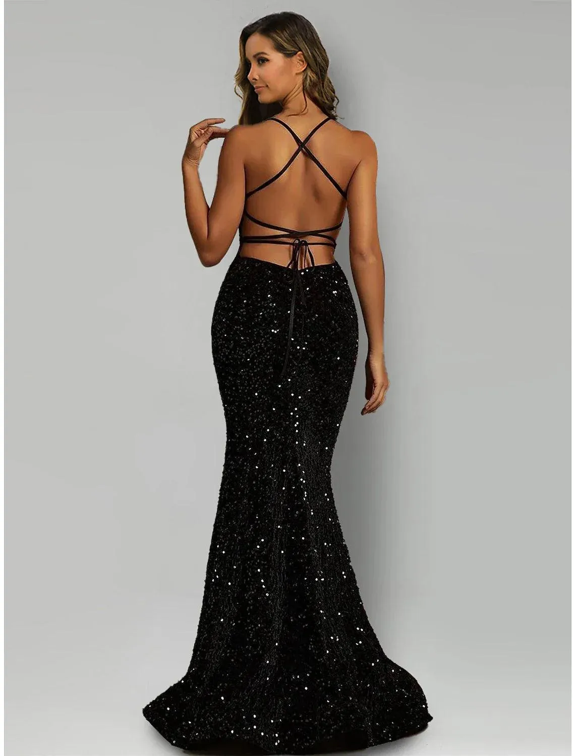 Mermaid / Trumpet Evening Gown Sparkle & Shine Dress Formal Black Tie Sweep / Brush Train Sleeveless Halter Neck Sequined with Sequin