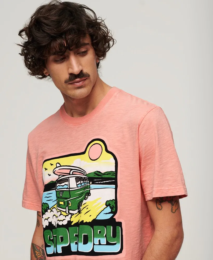 Neon Travel Graphic Loose T-Shirt - Peach Amber Pink Slub