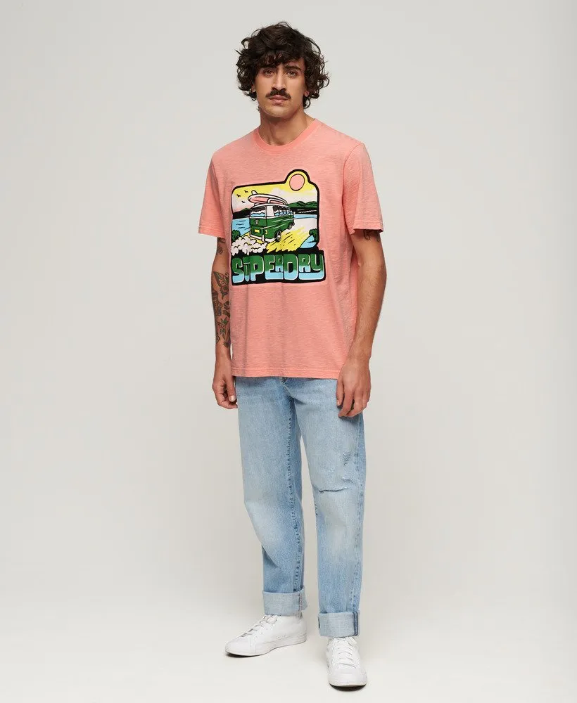 Neon Travel Graphic Loose T-Shirt - Peach Amber Pink Slub