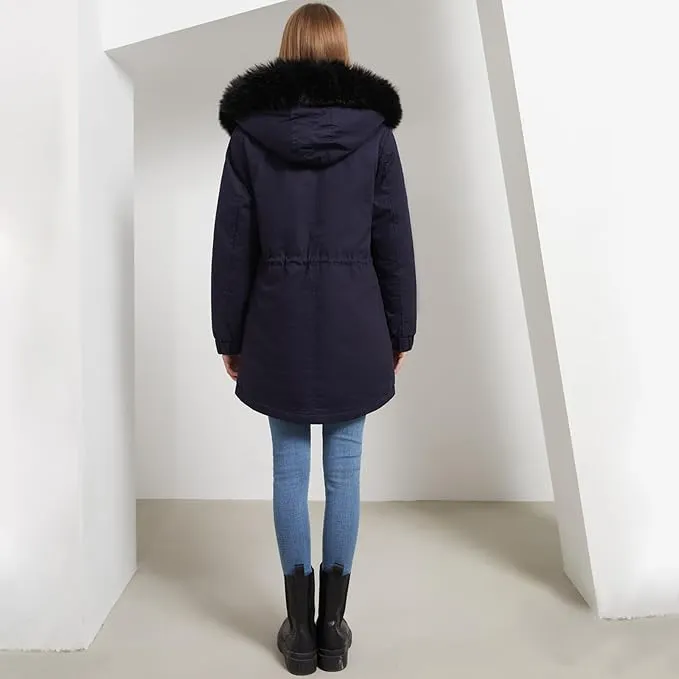 New hlysgo Women's Long Winter Coat Drawstring Waist Thicken Puffer Jacket Casual Long Sleeve Parka Jackets with Faux Fur Hood Navy Sz M