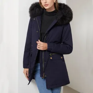 New hlysgo Women's Long Winter Coat Drawstring Waist Thicken Puffer Jacket Casual Long Sleeve Parka Jackets with Faux Fur Hood Navy Sz M