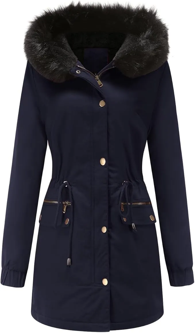 New hlysgo Women's Long Winter Coat Drawstring Waist Thicken Puffer Jacket Casual Long Sleeve Parka Jackets with Faux Fur Hood Navy Sz M